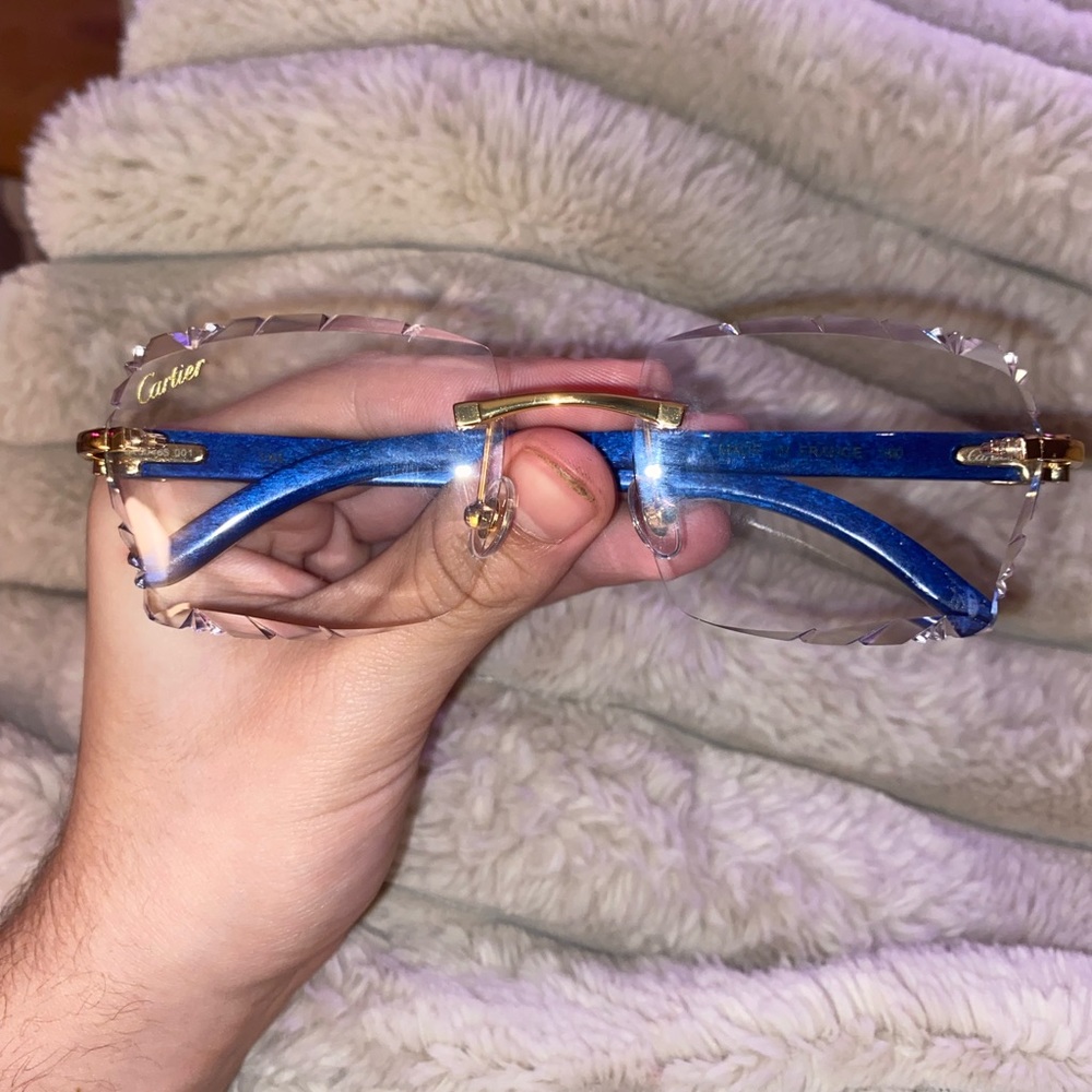 Cartier Diamond Cut Glasses, Blue Marbel Sticks & Clear Frames.